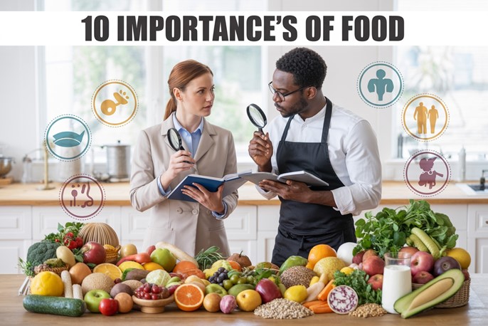 Nutrition experts discussing the importance of food with fresh fruits, vegetables, and healthy ingredients.