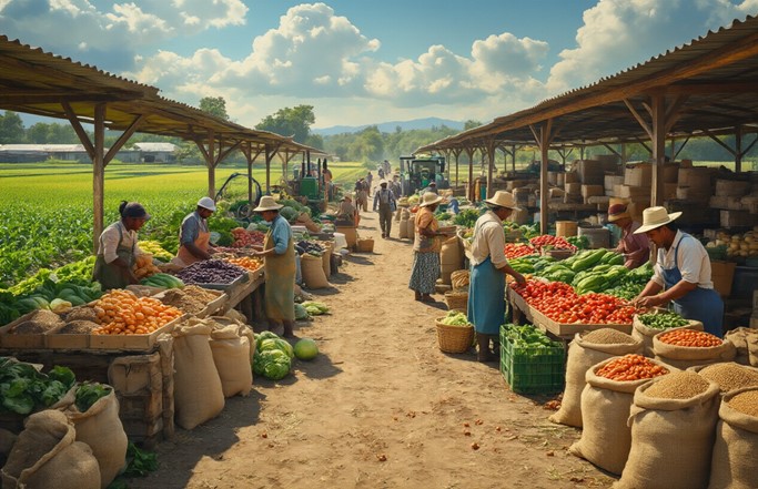 Local farmers market with fresh vegetables, fruits, and natural produce supporting healthy food and nutrition.