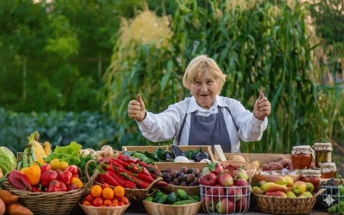 Woman harvesting and presenting fresh organic fruits and vegetables from a farm for healthy nutrition.
