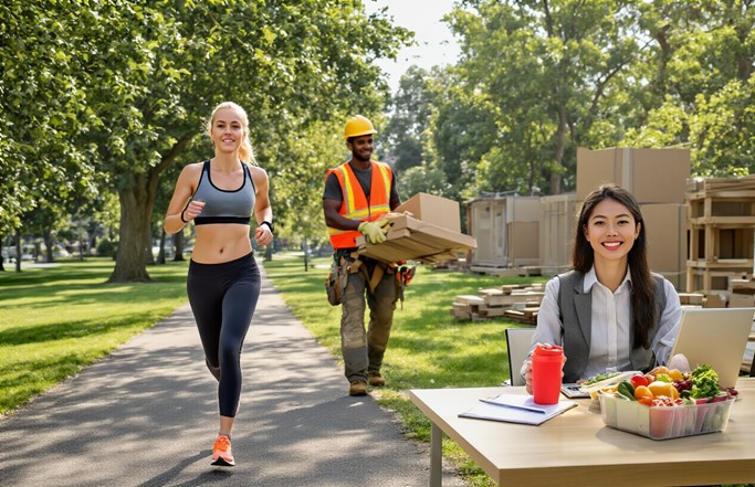 People following a healthy lifestyle through exercise, nutritious food, and active daily work in an outdoor setting.