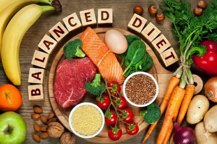 Balanced diet concept with fresh fruits, vegetables, protein-rich foods, and healthy nutrition ingredients.