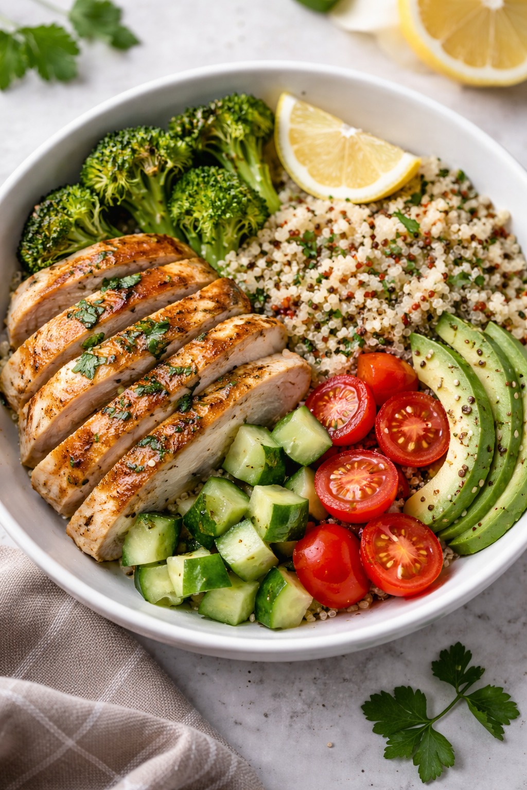 Healthy protein bowl with grilled chicken, quinoa, avocado, and fresh vegetables for balanced nutrition.
