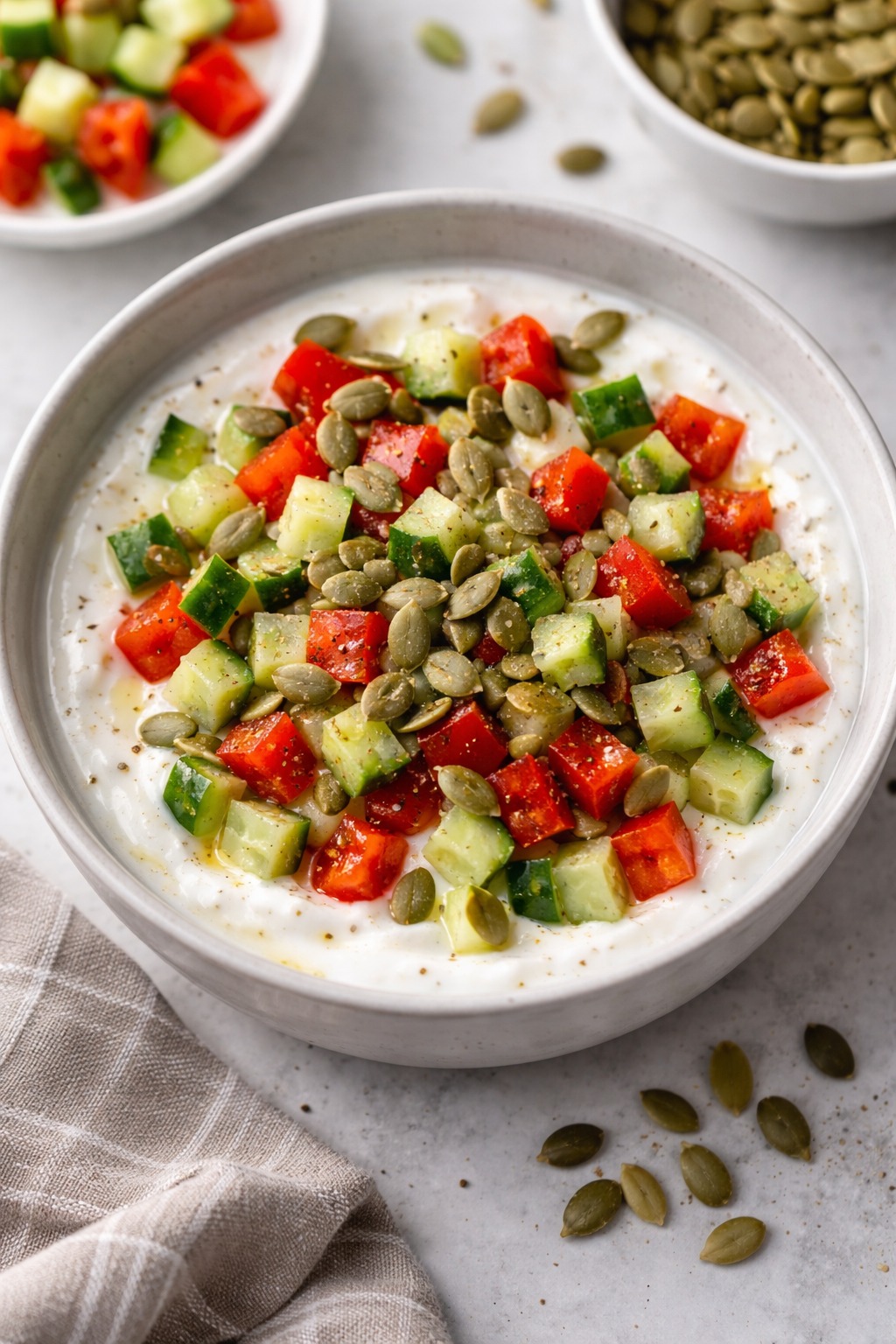 Healthy yogurt bowl topped with fresh vegetables, pumpkin seeds, and nutritious ingredients for balanced eating.