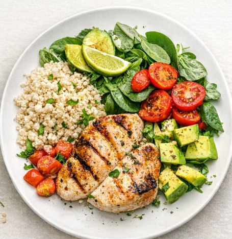 A balanced plate, containing all the essential nutrients.