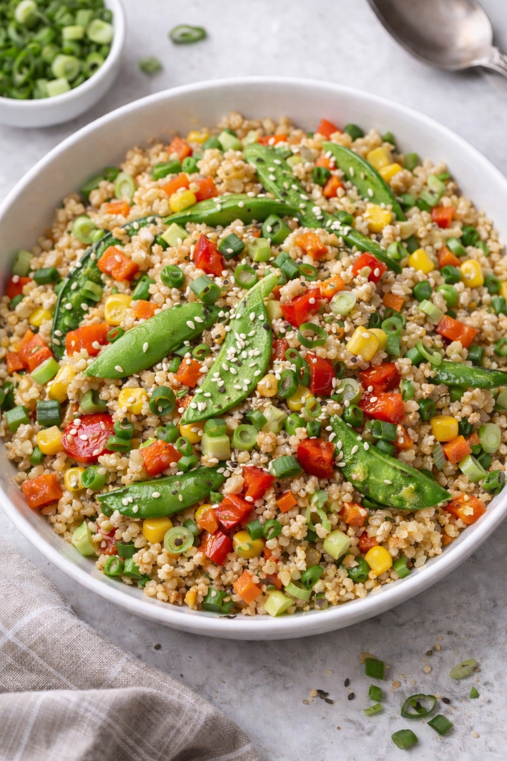 Healthy quinoa salad with fresh vegetables, snap peas, and nutritious ingredients for balanced nutrition.