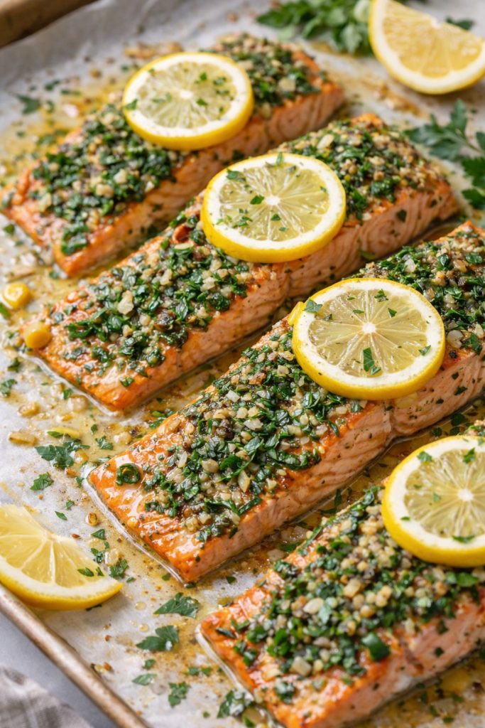 Grilled salmon with lemon, herbs, and omega-3 rich ingredients for healthy balanced nutrition.