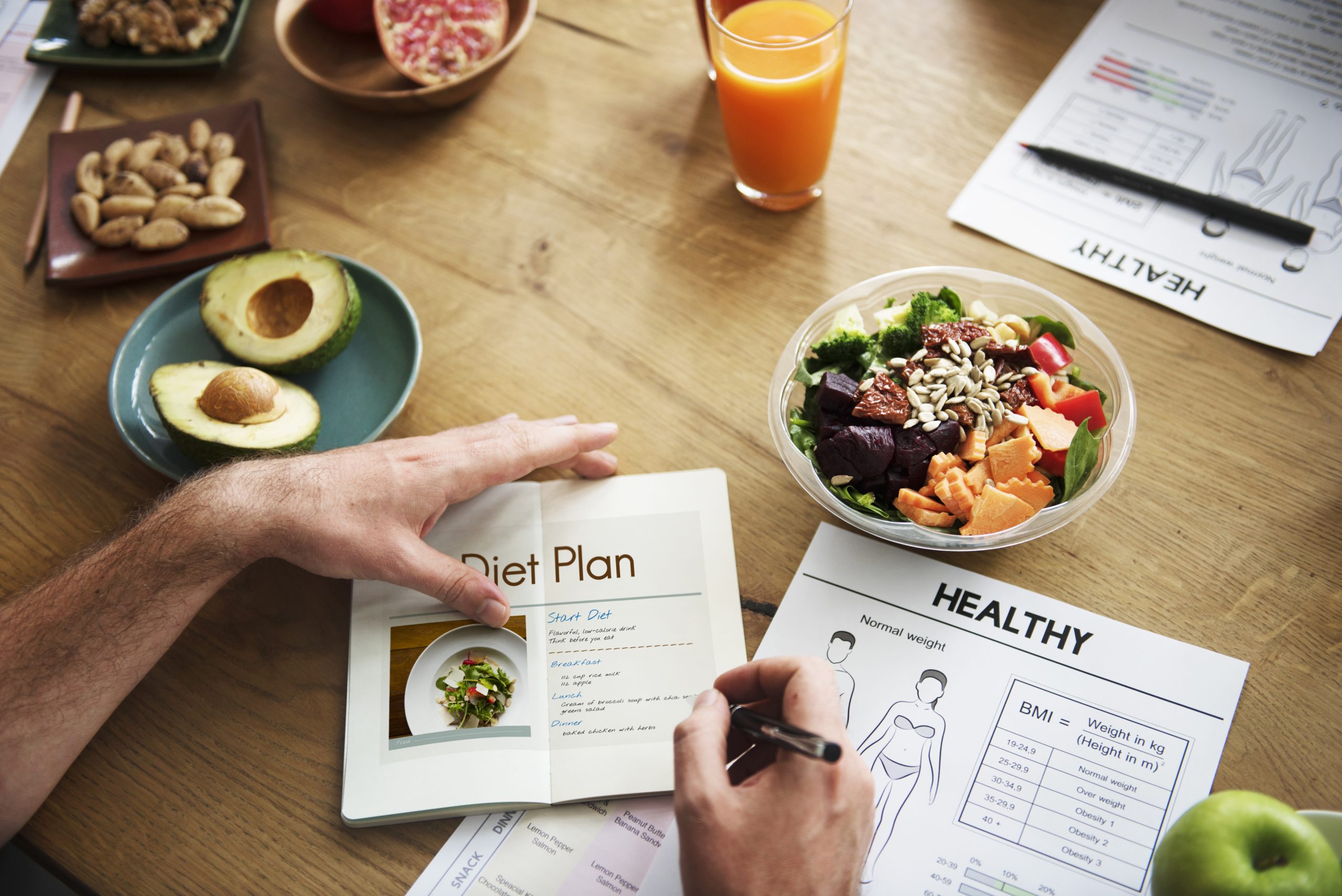 Person reviewing a diet plan with healthy food including salad, avocado, nuts, and juice on a wooden table with nutrition chart.
