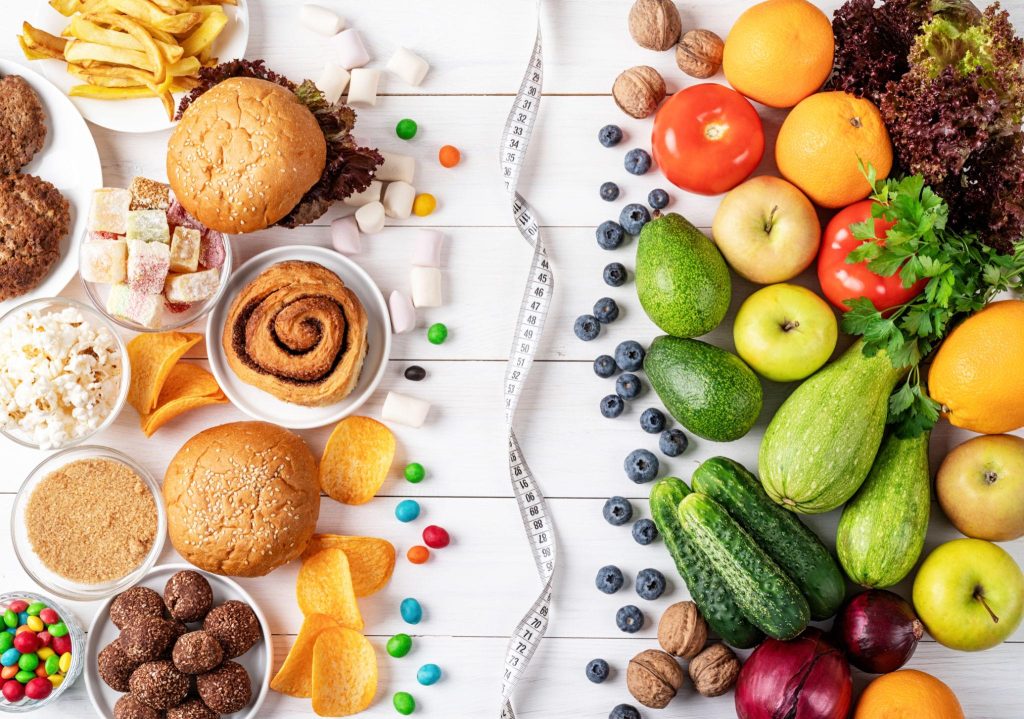Common balanced diet mistakes showing junk food vs healthy food choices and unhealthy eating habits.
