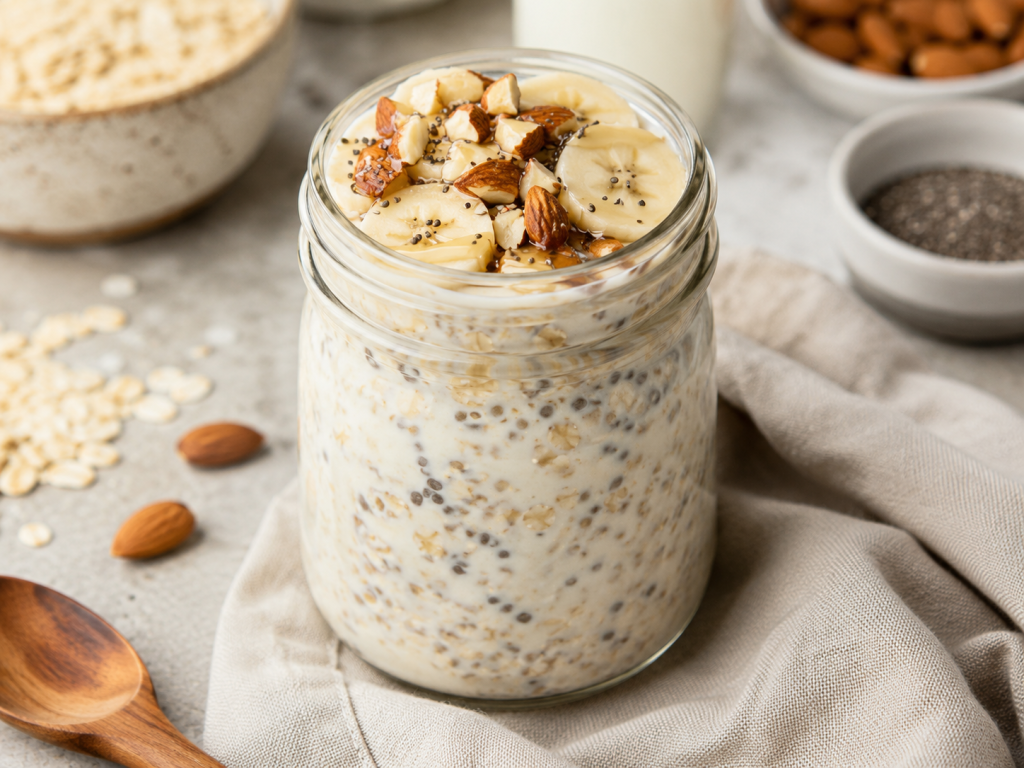 High protein overnight oats with banana, almonds, chia seeds, and yogurt in a glass jar for a healthy breakfast.