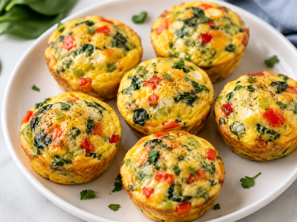 Vegetable egg muffins with spinach, bell peppers, onion, and cheese for a high protein breakfast.