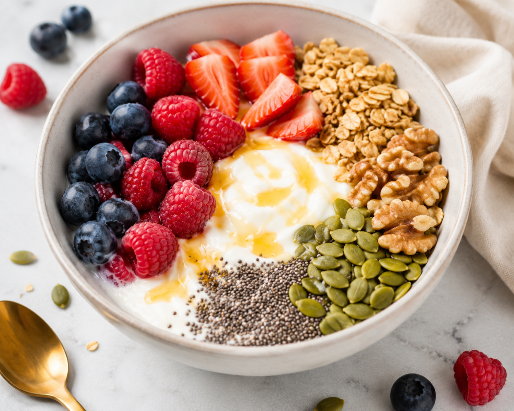 Greek yogurt power bowl with mixed berries, chia seeds, pumpkin seeds, walnuts, and granola for a high protein breakfast.