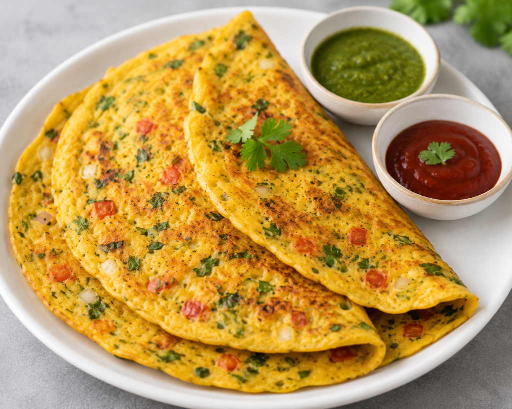 Besan vegetable chilla made with chickpea flour, onion, tomato, and coriander for a high protein breakfast.