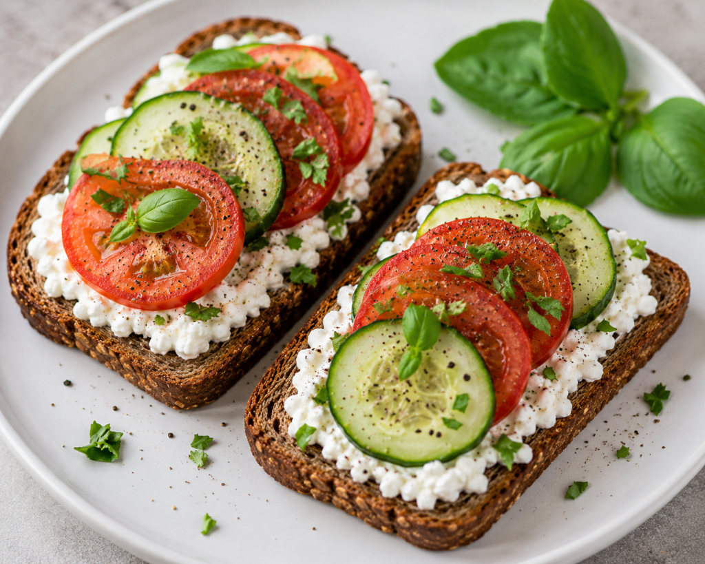 Whole grain cottage cheese toast topped with tomato, cucumber, herbs, and black pepper for a high protein breakfast.