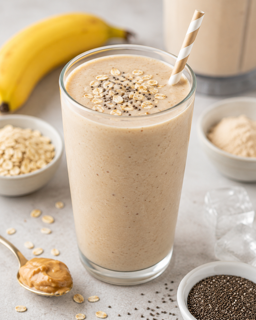 Protein smoothie with banana, oats, peanut butter, chia seeds, and milk for a quick high protein breakfast.
