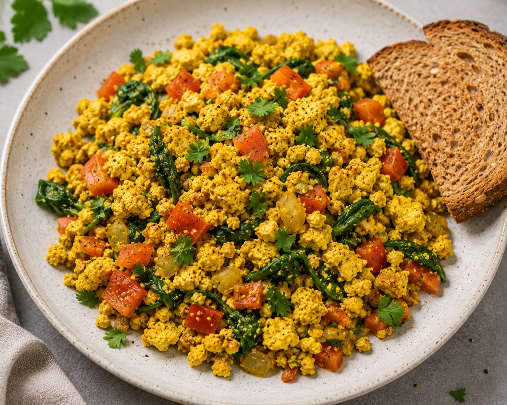 Tofu scramble with spinach, onion, tomato, and spices for a vegan high protein breakfast.