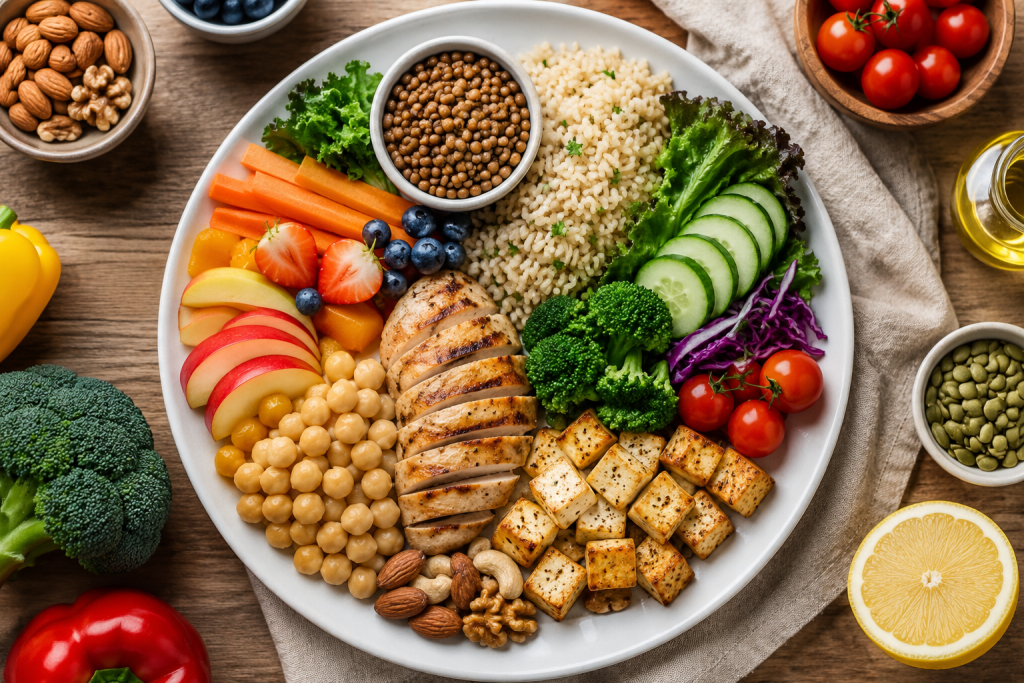 Balanced diet plate with healthy foods including vegetables, fruits, protein, whole grains, nuts, and seeds.