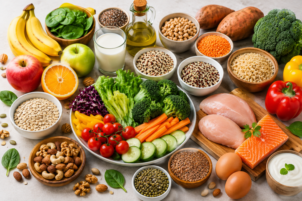 What is a balanced diet with healthy foods including fruits, vegetables, protein, whole grains, and essential nutrients.