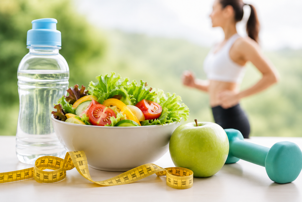 Healthy weight loss concept with fresh salad, water bottle, apple, measuring tape, dumbbells, and an active woman in the background representing fitness, balanced nutrition, hydration, and a healthy lifestyle.