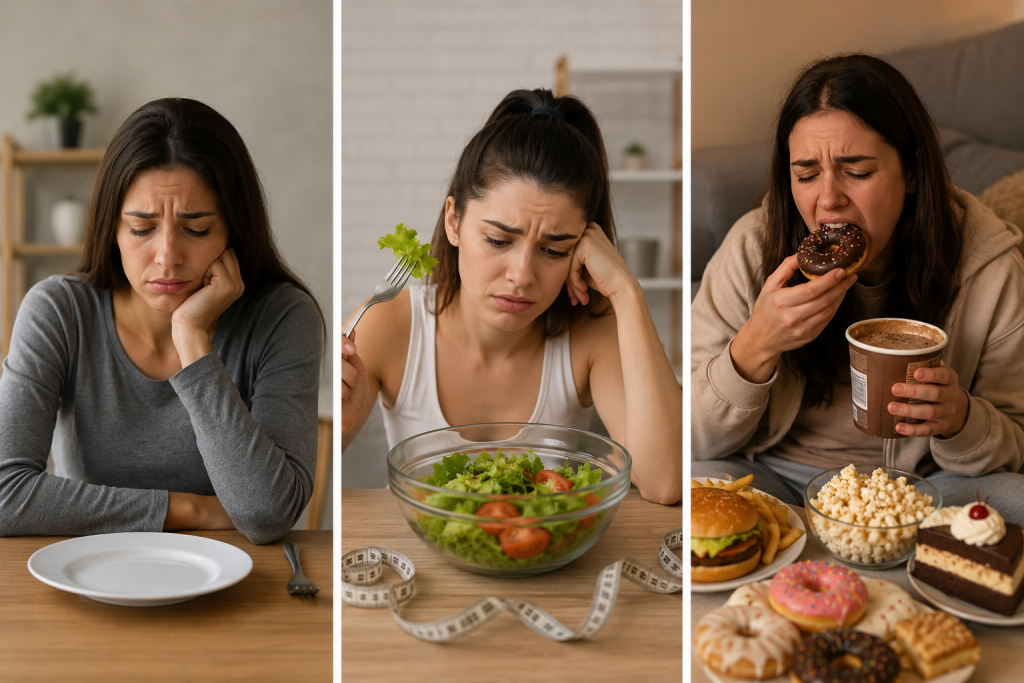 Split image showing common weight loss mistakes including skipping meals, restrictive dieting, and emotional eating, with a stressed woman making unhealthy food choices and struggling with balanced eating habits.