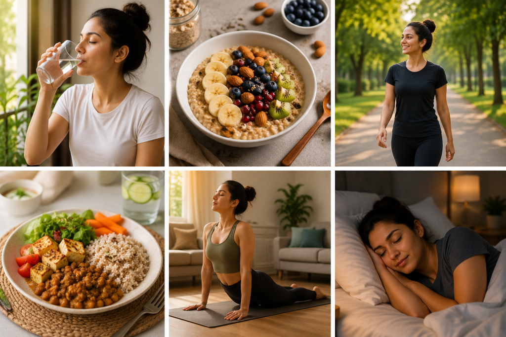 Collage showing a healthy daily routine for natural weight loss, including hydration, nutritious meals, walking, yoga, mindfulness, and proper sleep to support a balanced and healthy lifestyle.