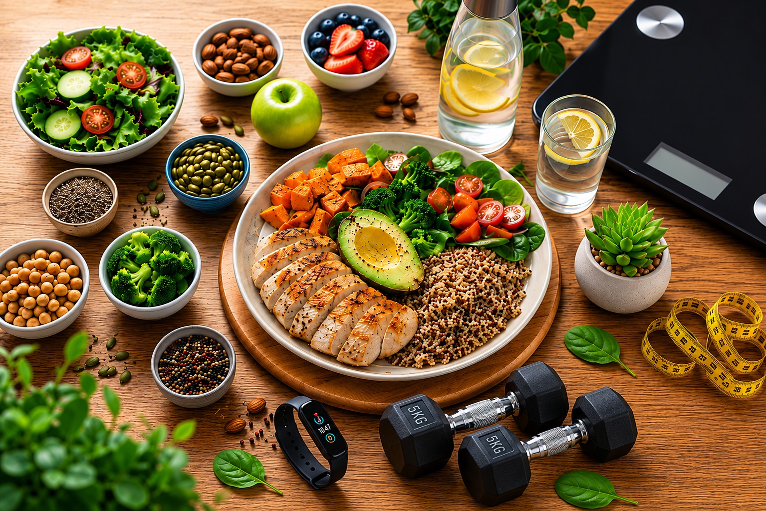 Healthy sustainable weight management meal with lean protein, whole grains, vegetables, healthy fats, hydration, fitness tracker, dumbbells, and weighing scale promoting long-term weight loss and wellness.