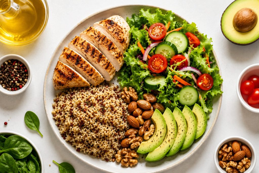 Focus on Balanced Nutrition with a balanced plate of protein, fresh salad, whole grains, and healthy fats for better energy and health.