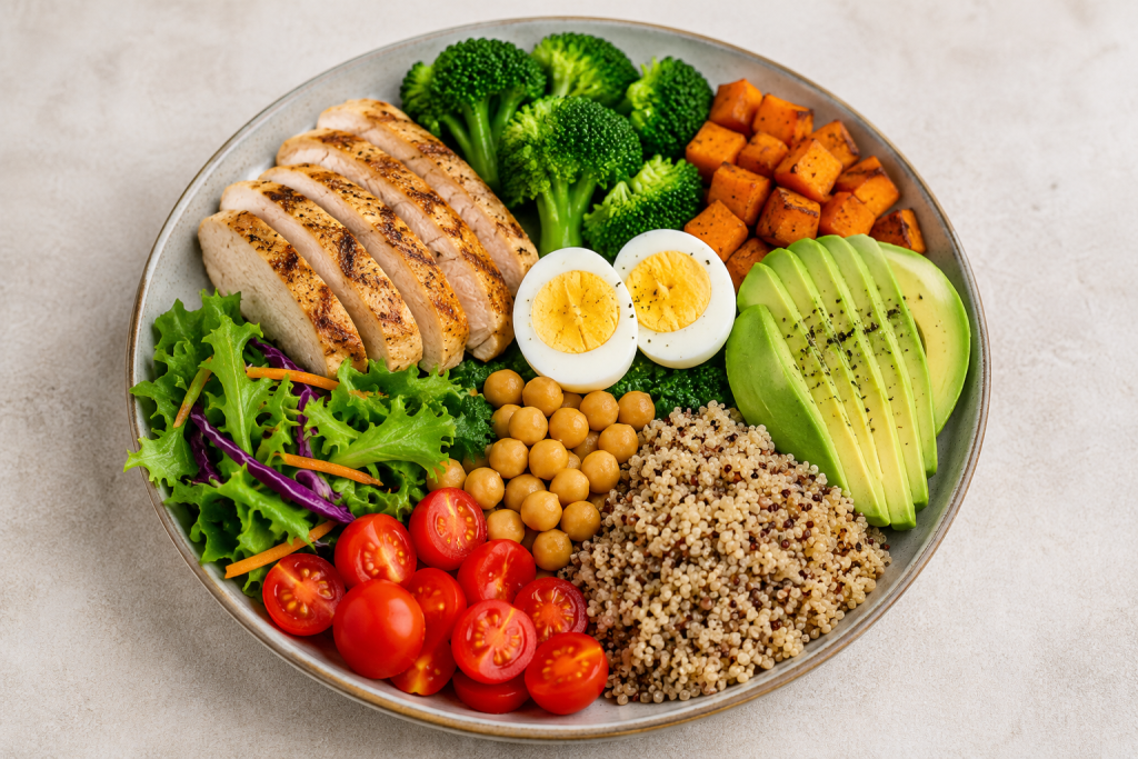 PCOS diet plan with balanced healthy foods including vegetables, protein, whole grains, and healthy fats.