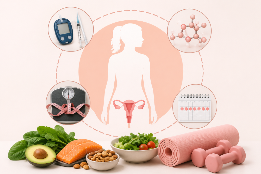 PCOS nutrition and hormonal health concept with healthy foods, weight management, insulin resistance, and menstrual cycle support.