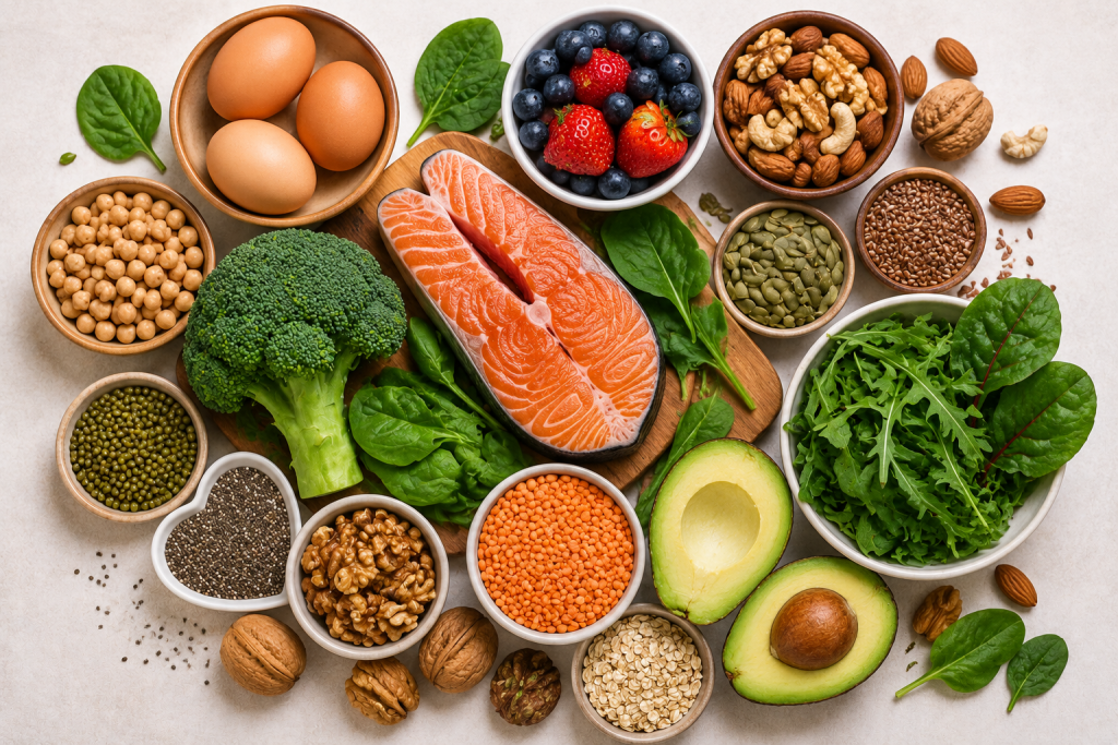 PCOS-friendly foods including salmon, eggs, berries, leafy greens, lentils, nuts, seeds, avocado, and broccoli for hormonal health and balanced nutrition.