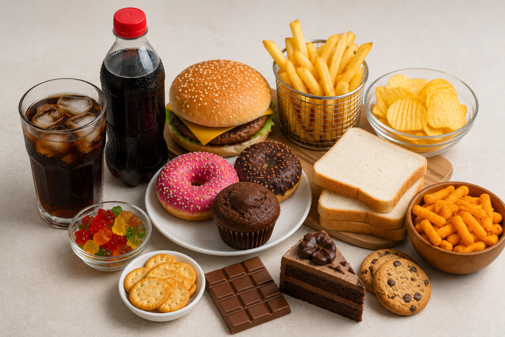 Foods to limit with PCOS including sugary drinks, white bread, fried foods, chips, cookies, cakes, and processed snacks.