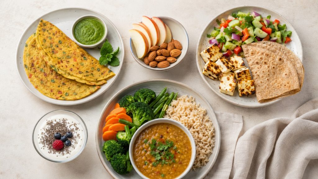 PCOS-friendly one-day meal plan featuring besan chilla with mint chutney, apple slices and almonds, grilled paneer with salad and whole wheat roti, Greek yogurt with chia seeds, and lentil soup with steamed vegetables and brown rice.