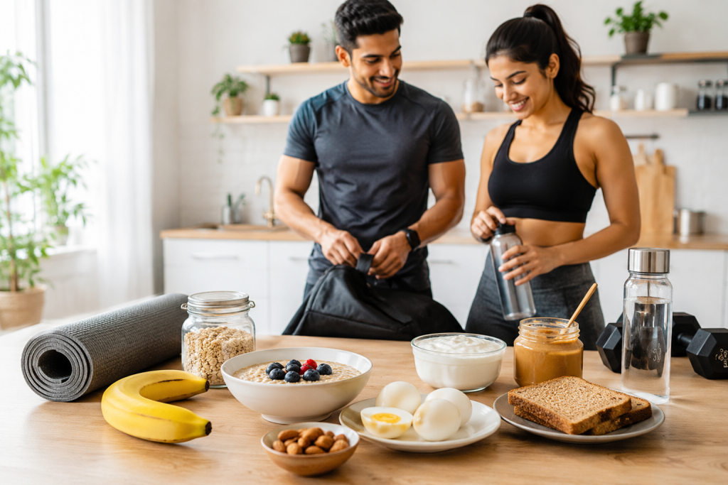 Healthy pre-workout meal with oats, banana, eggs, yogurt, and whole wheat toast for better workout performance.