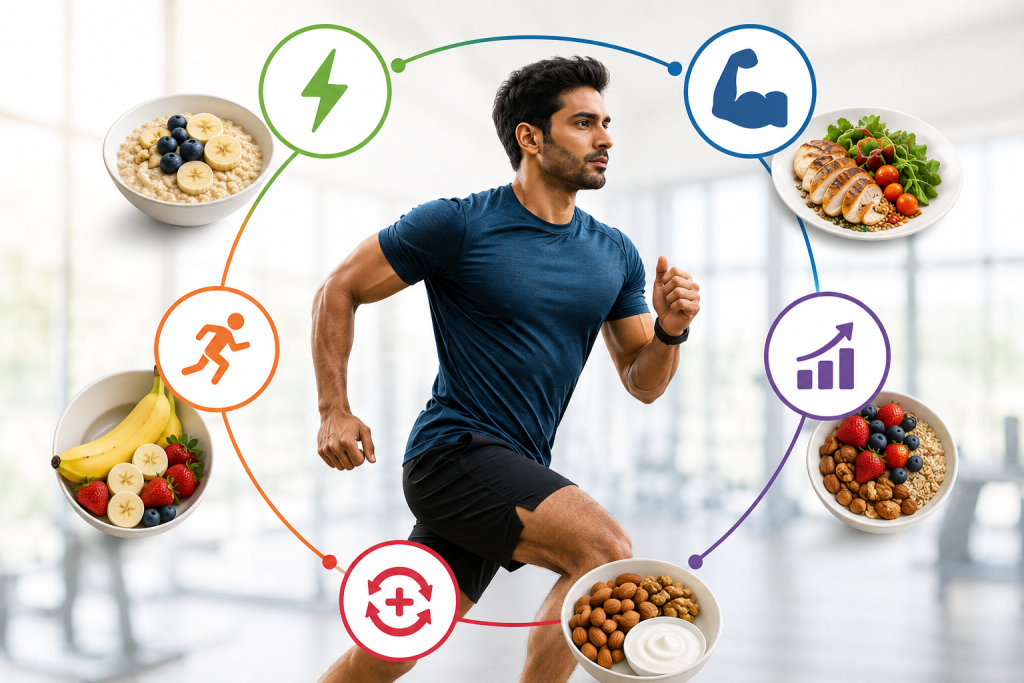 Pre-workout nutrition benefits showing healthy foods that support energy, workout performance, endurance, and muscle recovery.