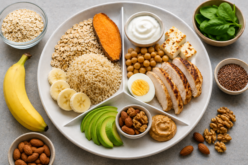 Balanced pre-workout meal with carbohydrates, protein, and healthy fats including oats, brown rice, chicken, eggs, yogurt, avocado, nuts, and banana.