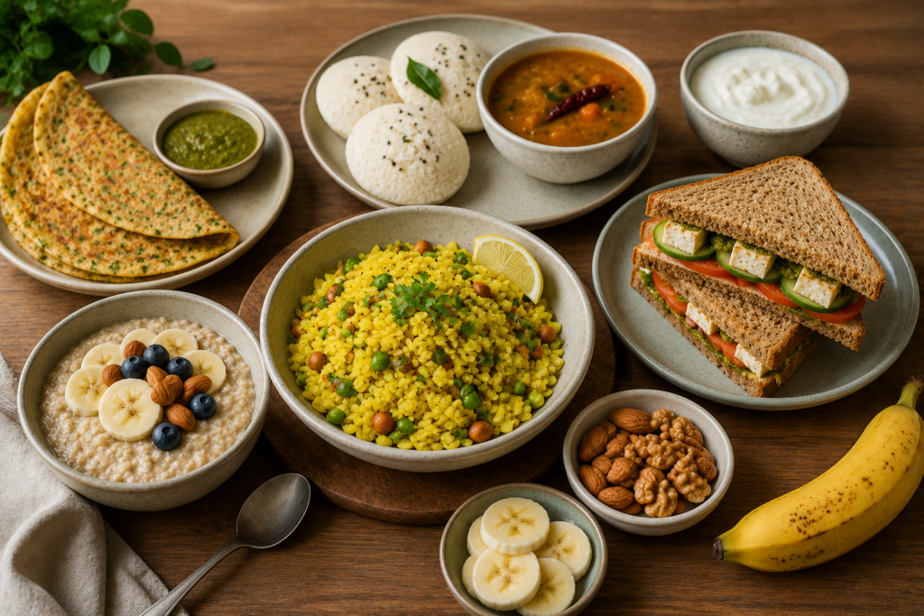 Healthy Indian pre-workout meal ideas featuring poha, oats, besan chilla, idli with sambar, paneer sandwich, yogurt, banana, and mixed nuts.