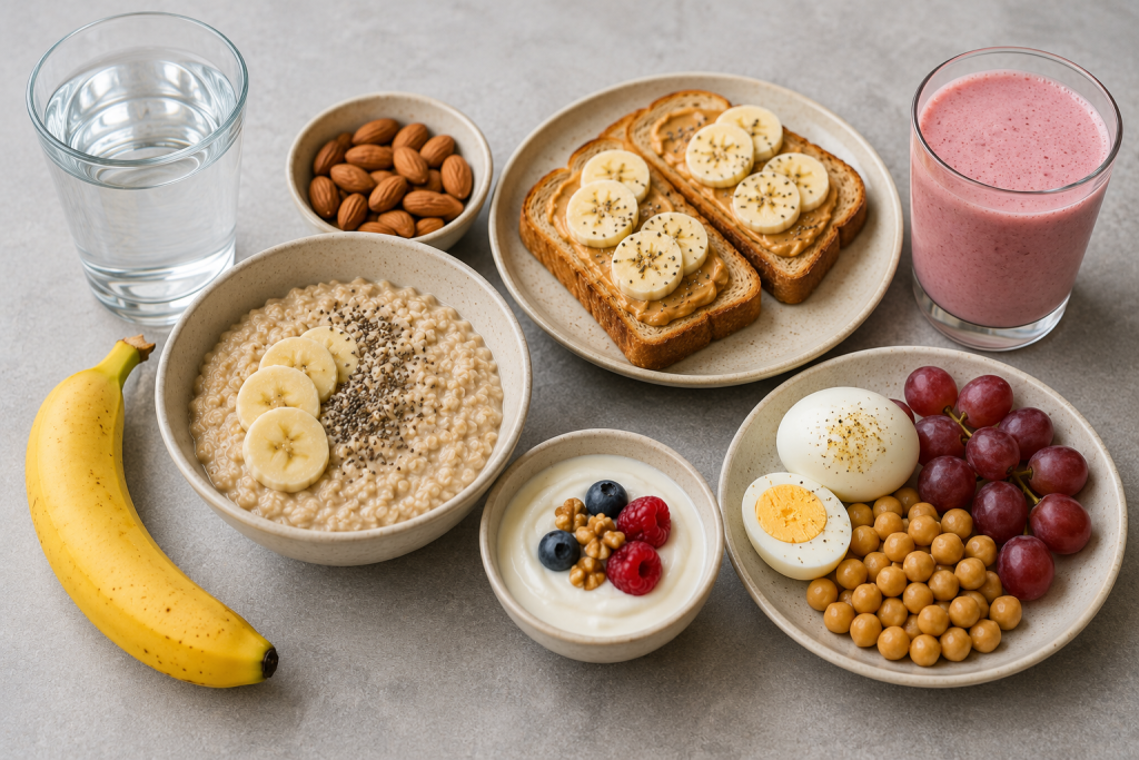 Healthy pre-workout foods including oatmeal, banana, peanut butter toast, yogurt, eggs, nuts, smoothie, and water for energy and workout performance.