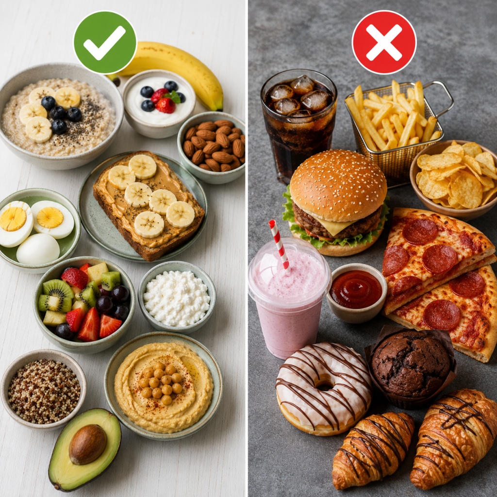 Healthy foods compared with fried foods, burgers, pizza, sugary drinks, and pastries to show foods to avoid before a workout.
