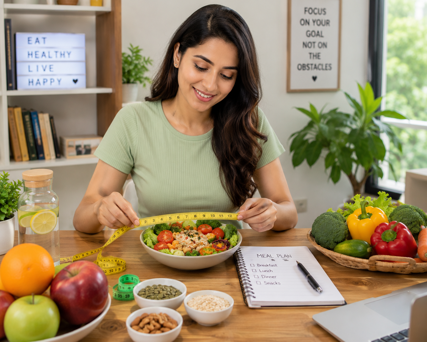 Woman measuring a healthy meal while planning a balanced diet with fresh fruits, vegetables, and a personalized nutrition notebook.
