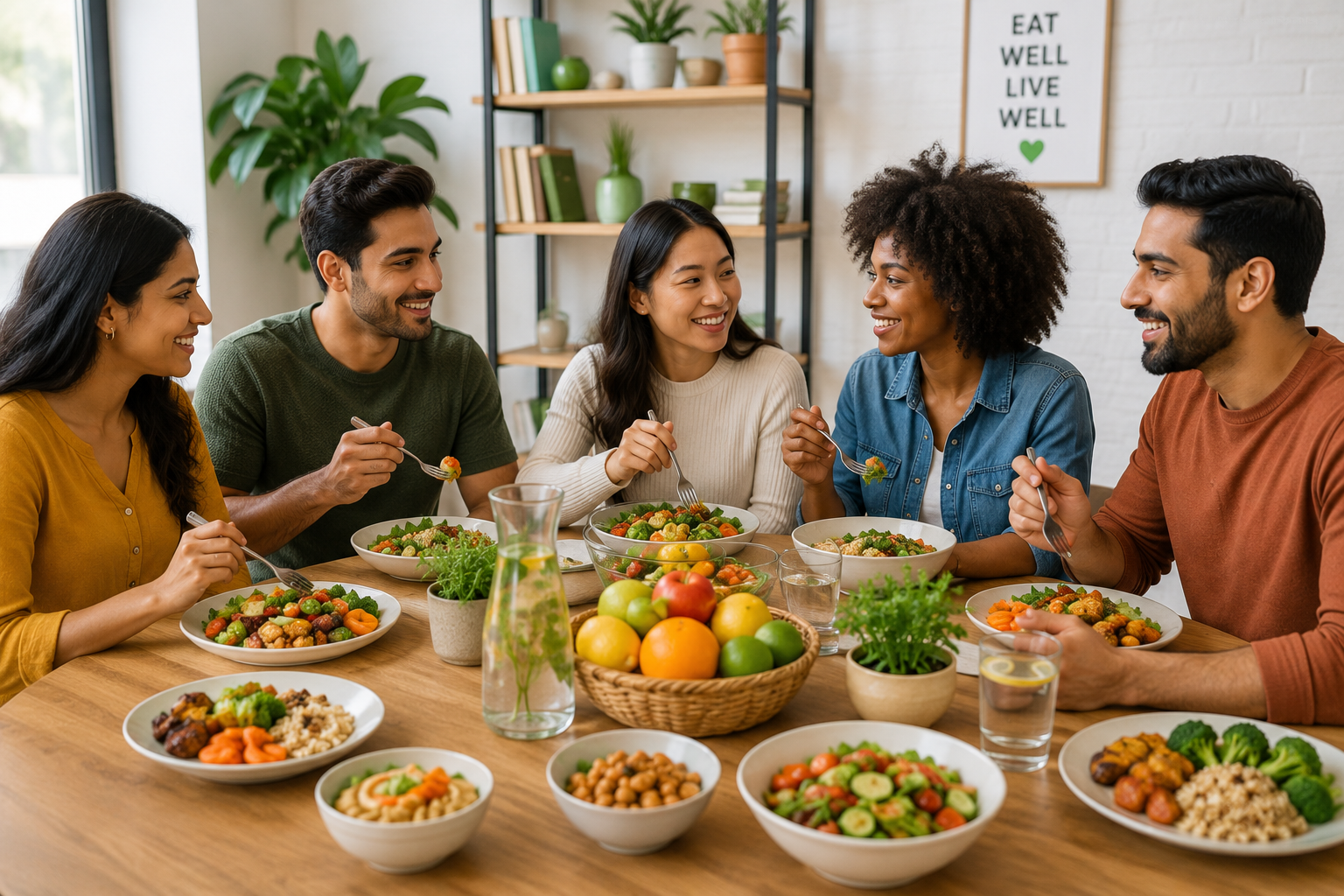Diverse group of healthy adults enjoying a balanced meal together with fresh fruits, vegetables, and nutritious foods in a welcoming dining setting.