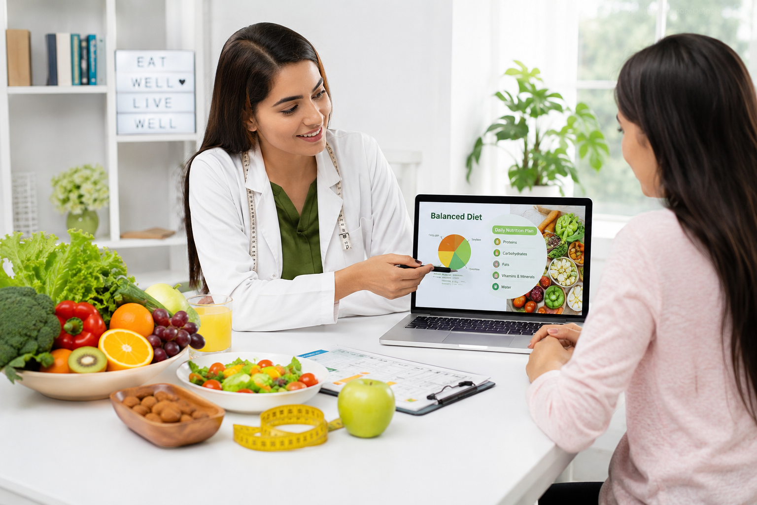 Dietitian providing a personalized nutrition consultation with a customized meal plan, healthy foods, and nutrition planning on a laptop.